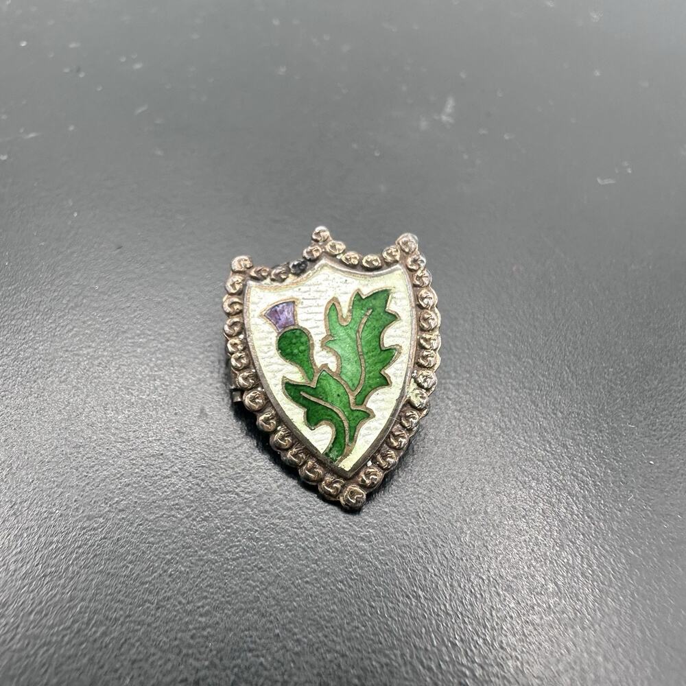 Sterling Silver Scottish Thistle Shield Lapel Pin Brooch - Green Purple Vintage